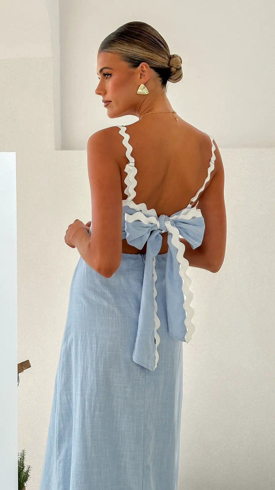 Powder Blue Linen Dress with Zic-Zac Lace by Partner Label