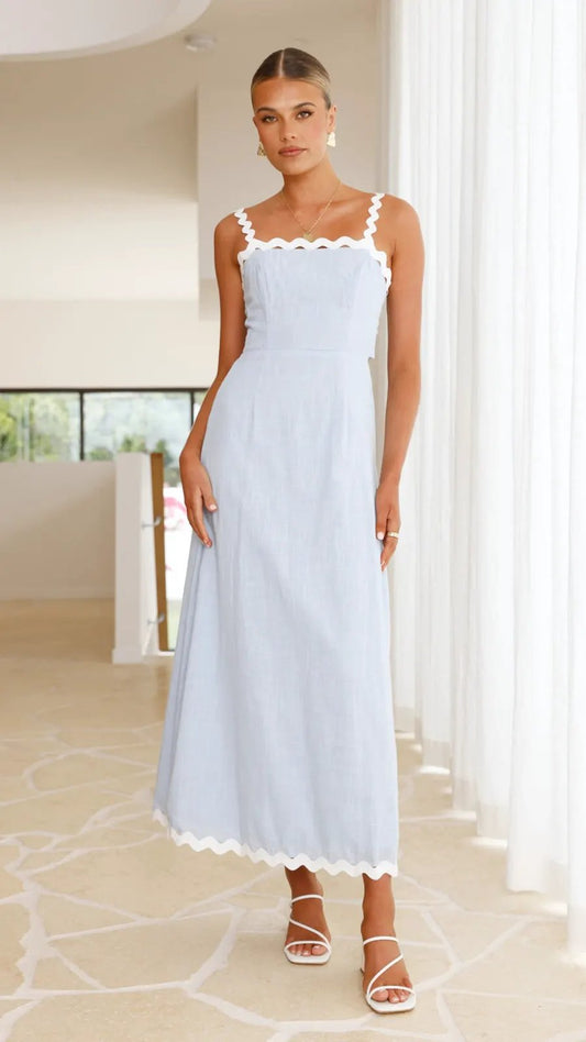 Powder Blue Linen Dress with Zic-Zac Lace by Partner Label