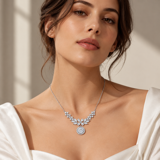 2ct Round Moissanite Halo Statement Necklace VVS1, Marquise and Pear Cut Moissanite Clusters, 925 Sterling Silver | Celestial Wings by Equanimity Essence