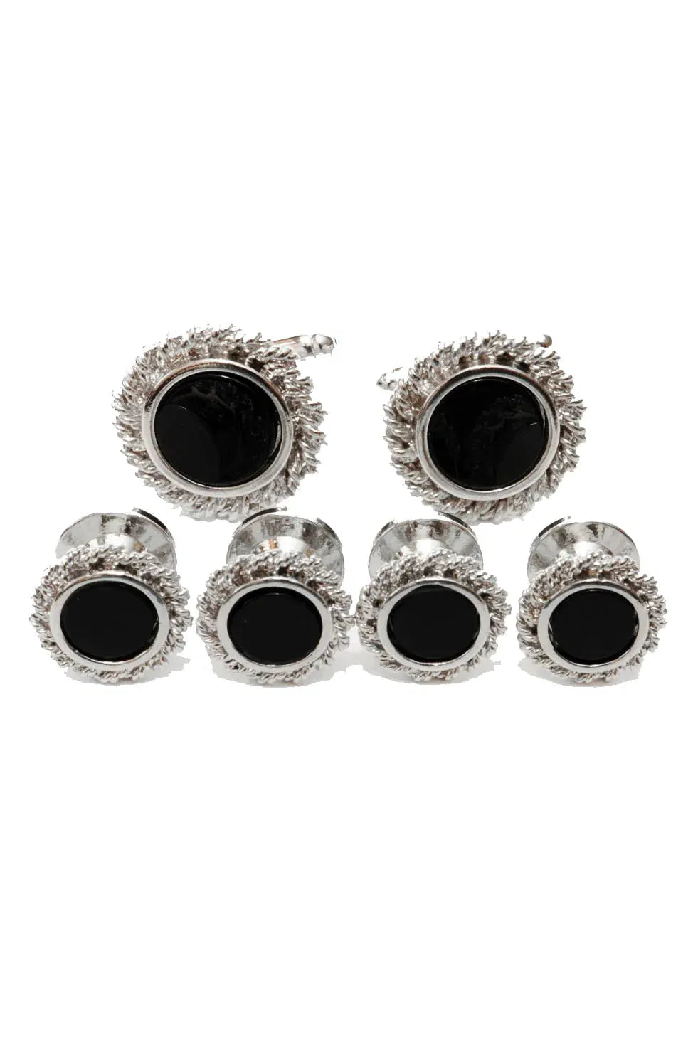 Black Onyx with Rope Silver Trim Studs and Cufflinks Set by Tux-USA