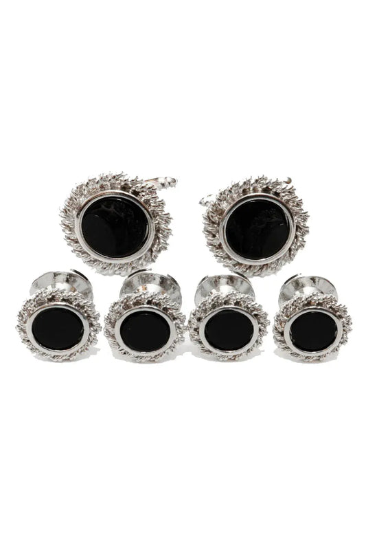 Black Onyx with Rope Silver Trim Studs and Cufflinks Set by Tux-USA