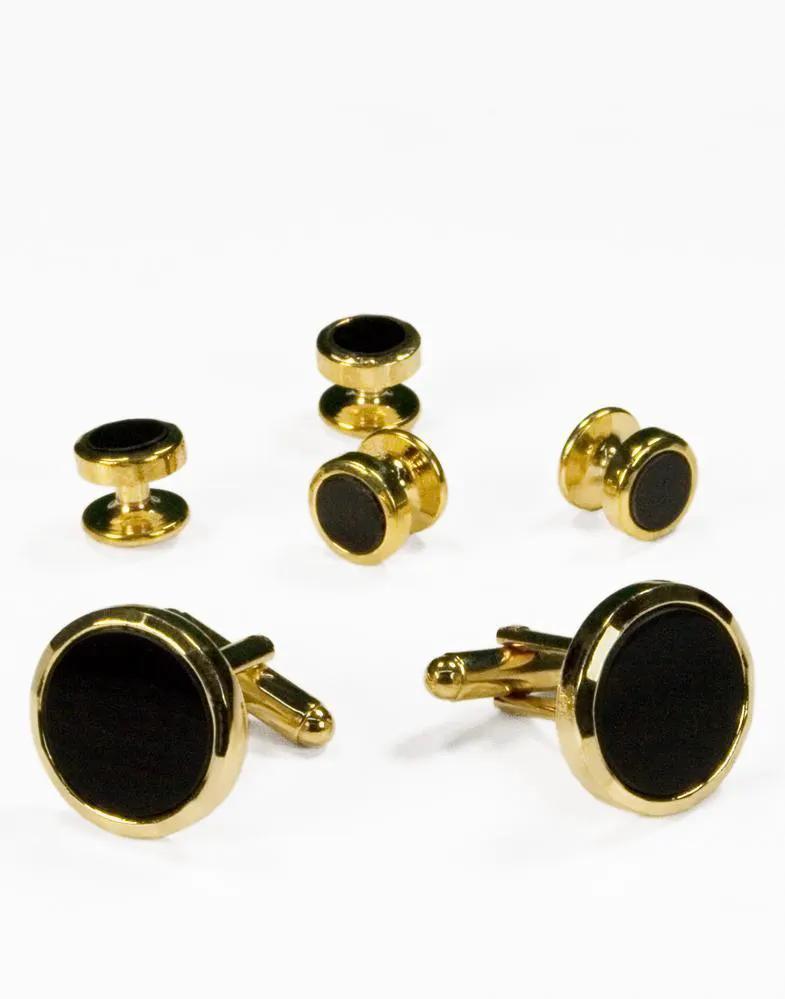 Studs And Cufflinks Set Six Piece Circular Facet Cut Edge Onyx Black by Tux-USA
