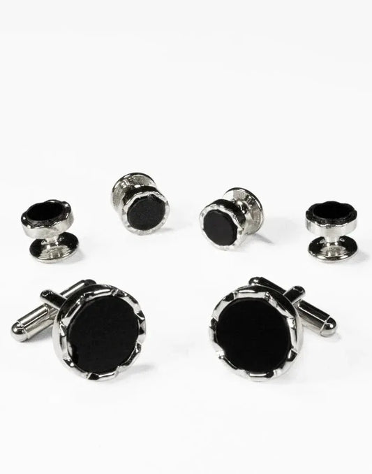 Black Circular Onyx with Diamond Cut Edge Studs and Cufflinks Set by Tux-USA