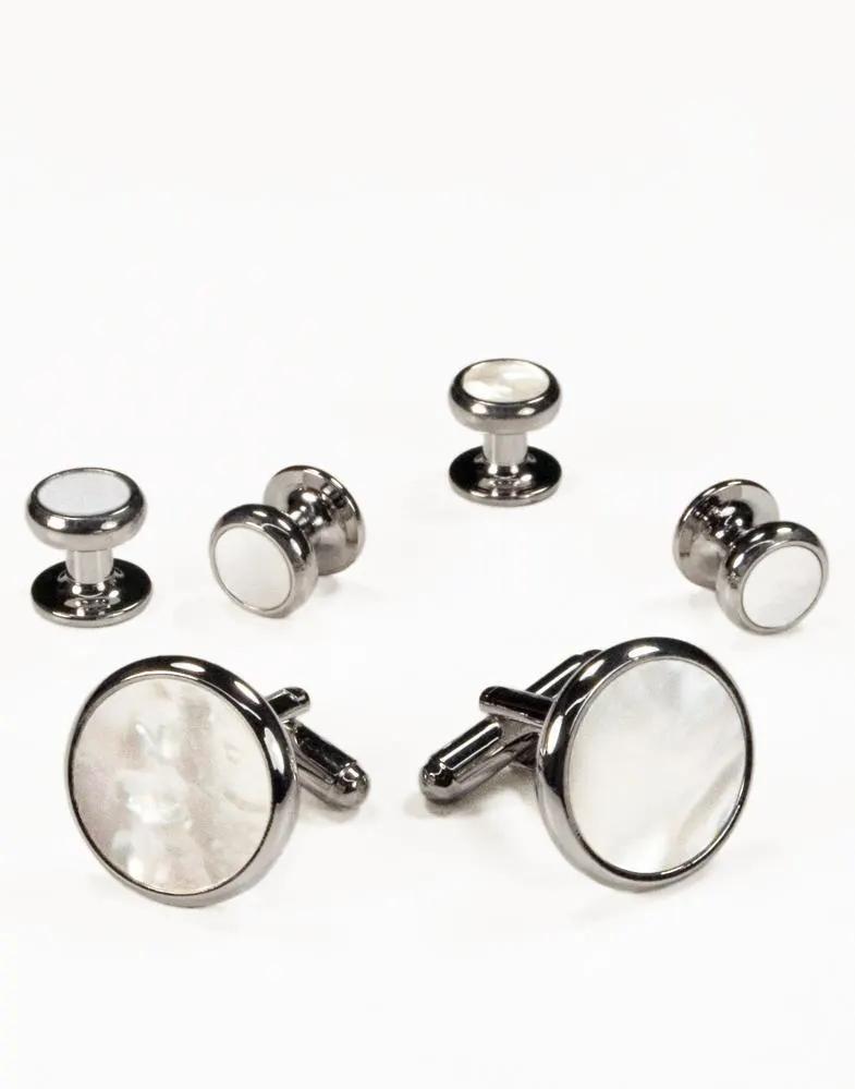 Studs And Cufflinks Set White Mother Of Pearl Gold Or Silver Setting by Tux-USA