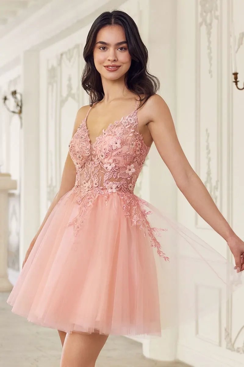 Lace Bodice A-Line Layered Tulle Short Dress by Tux-USA