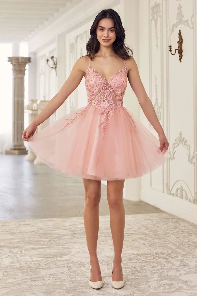 Lace Bodice A-Line Layered Tulle Short Dress by Tux-USA