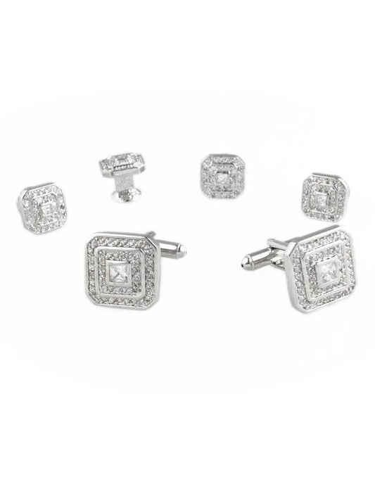 Square CZ with Silver Trim Studs and Cufflinks Set by Tux-USA