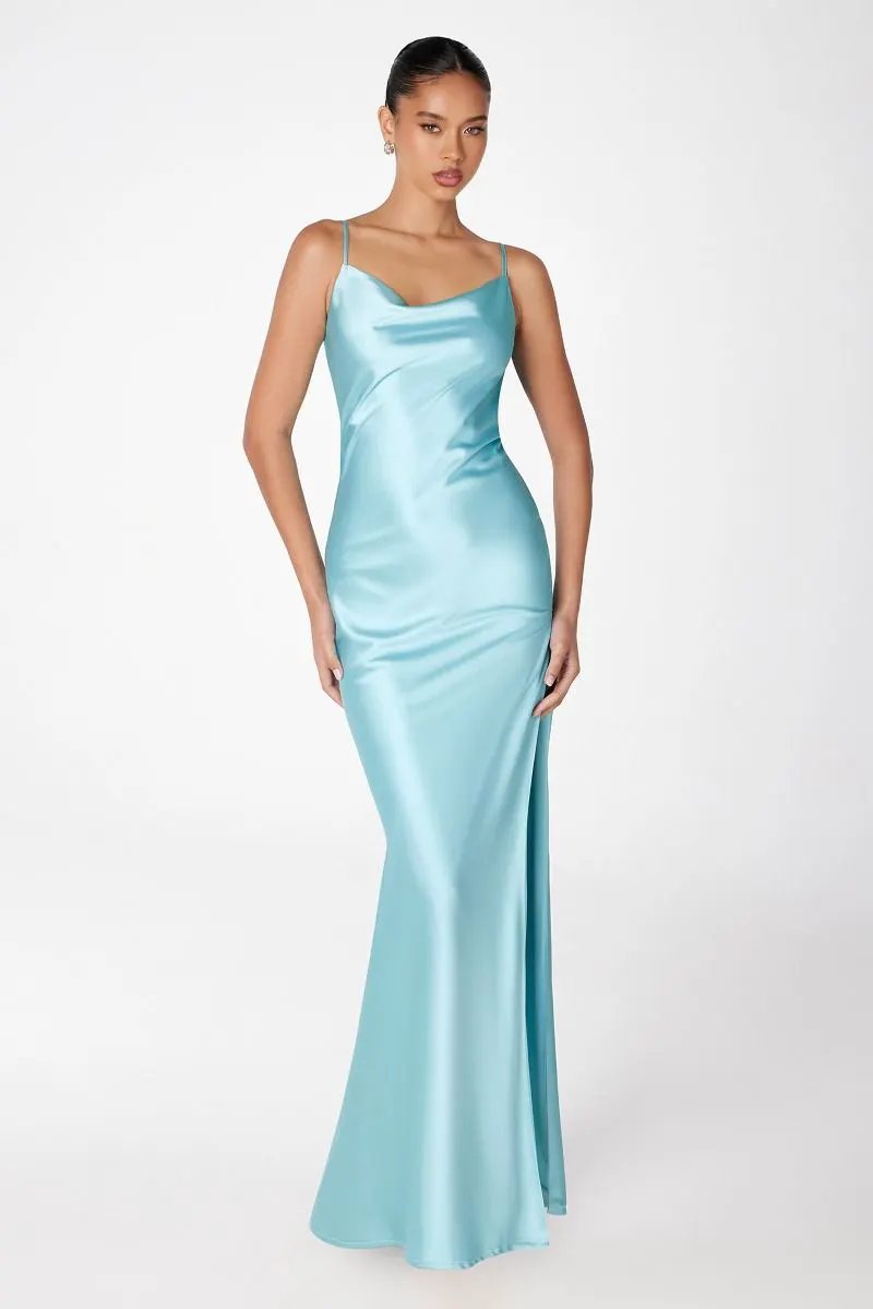 Mermaid dress with spaghetti straps, U-shaped back, leg opening by Tux-USA