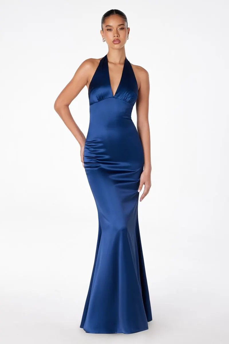Halter V-Neck Satin Mermaid Dress Sleek Body-Skimming Fit For Women By Tux-USA by Tux-USA