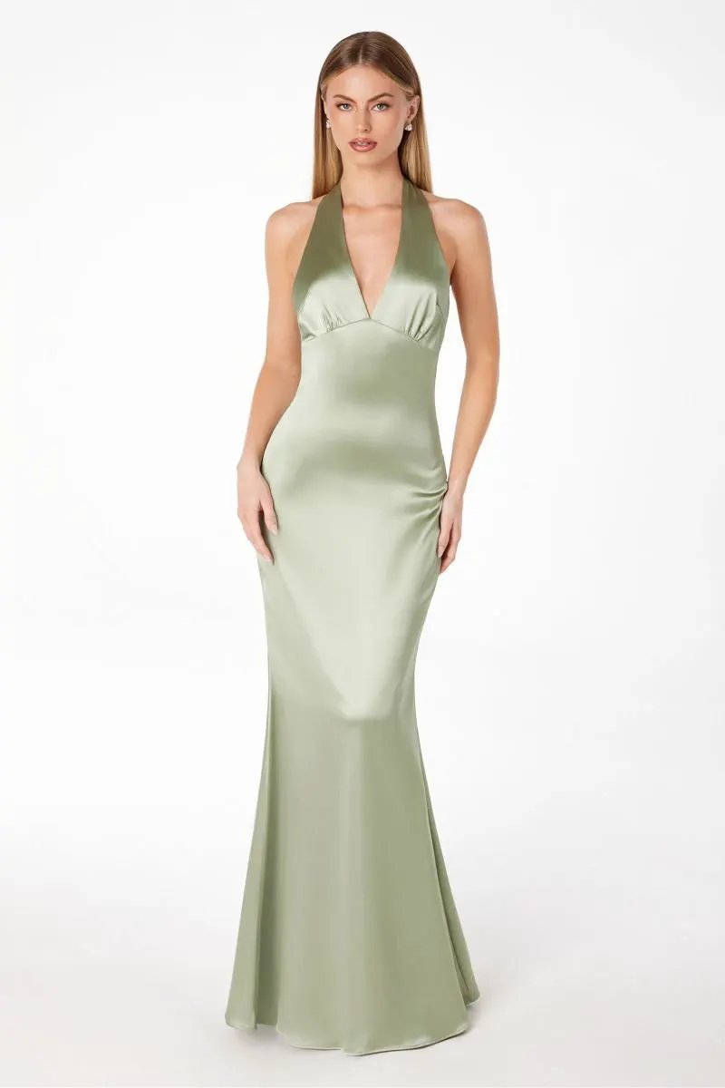 Halter V-Neck Satin Mermaid Dress Sleek Body-Skimming Fit For Women By Tux-USA by Tux-USA