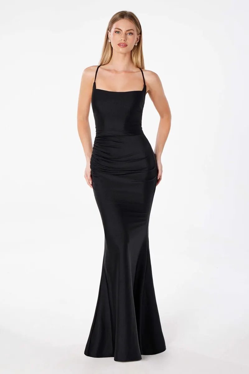 Mermaid dress with square neckline, spaghetti straps and corset back by Tux-USA