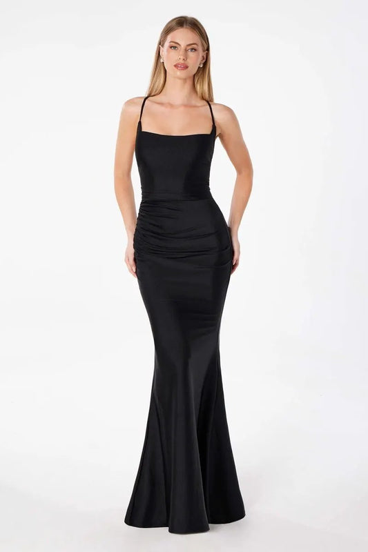 Mermaid dress with square neckline, spaghetti straps and corset back by Tux-USA