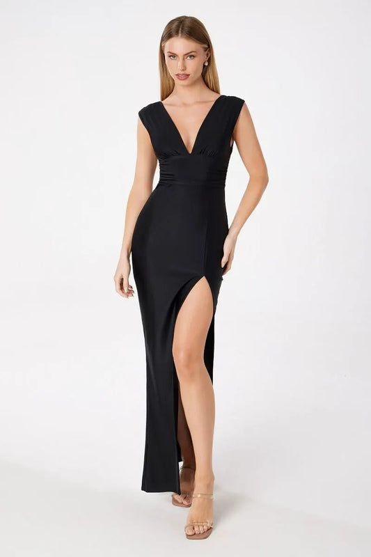 V-Neck Fitted Dress With Square Back by Tux-USA