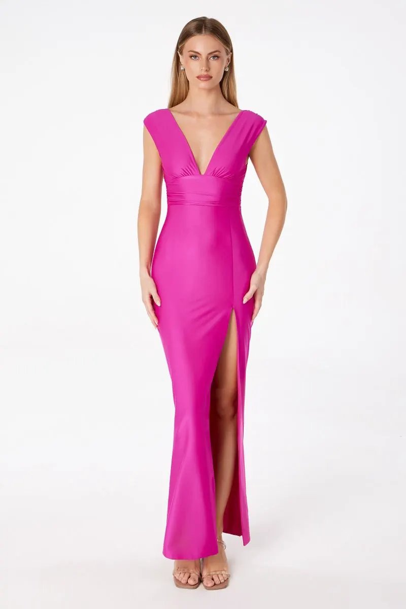 V-Neck Fitted Dress With Square Back by Tux-USA
