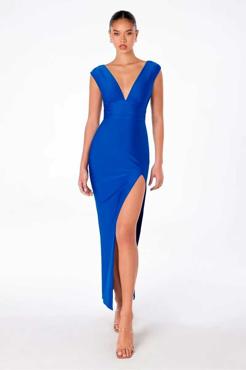 V-Neck Fitted Dress With Square Back by Tux-USA
