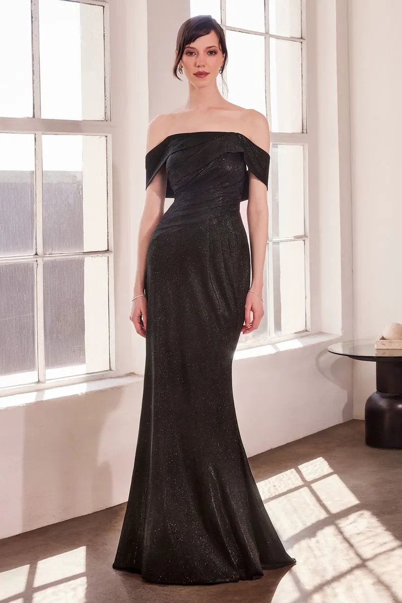 Straight Neckline Off-The-Shoulder Shiny Bodycon Dress by Tux-USA