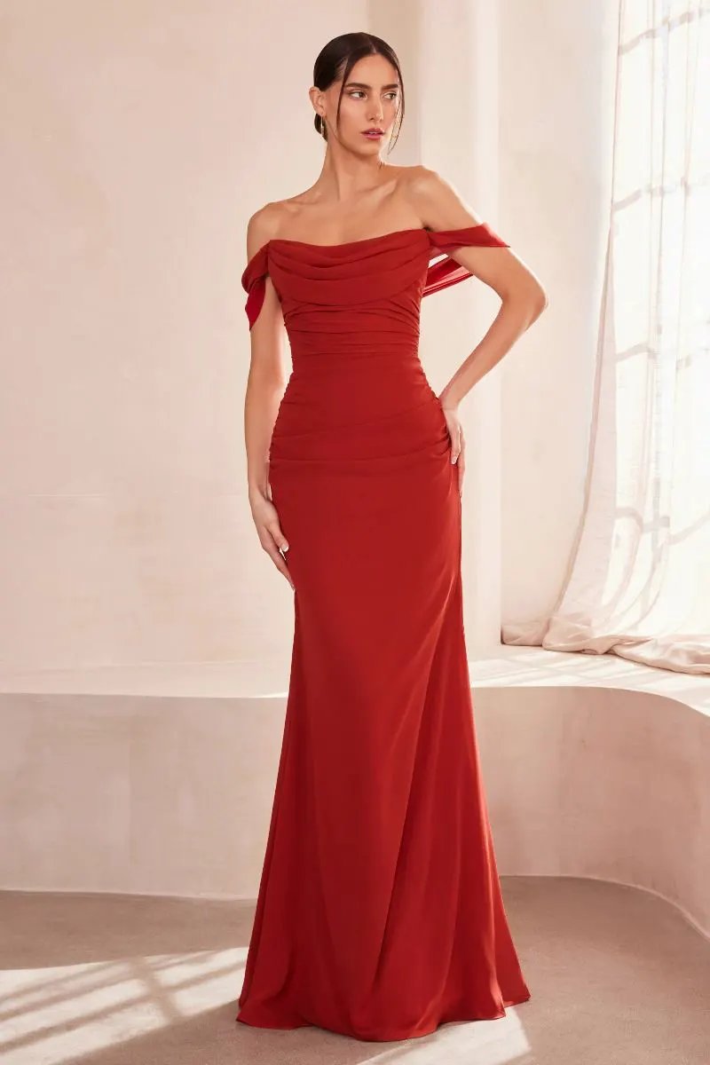Off The Shoulder Round Neck Chiffon Fitted Dress by Tux-USA