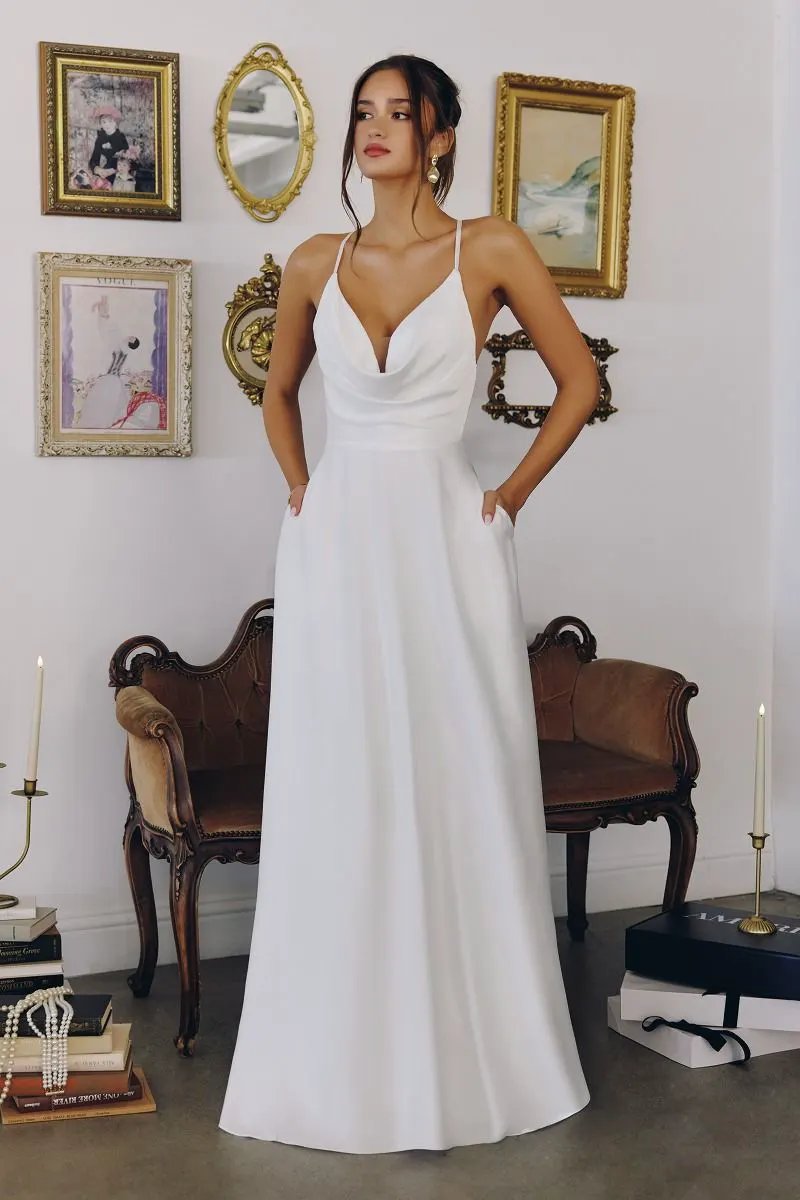 Wedding A-Line, Soft Satin, Draped Cowl Neckline with Spaghetti Straps by Tux-USA