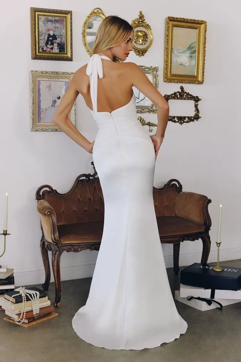 Sculpted Halter Plunging V Satin Bridal Gown Bridal with Chiffon Pleated Bodice by Tux-USA