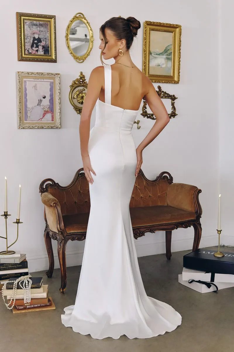 One-Shoulder Stretch Satin Gown Bridal Blends Sculpted, Draping by Tux-USA