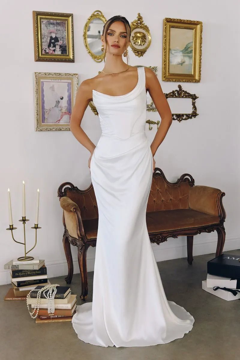 One-Shoulder Stretch Satin Gown Bridal Blends Sculpted, Draping by Tux-USA