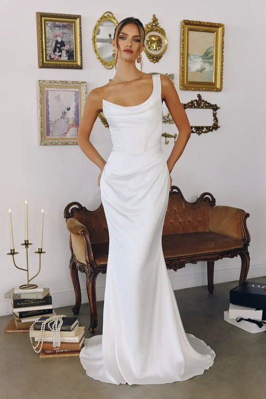 One-Shoulder Stretch Satin Gown Bridal Blends Sculpted, Draping by Tux-USA