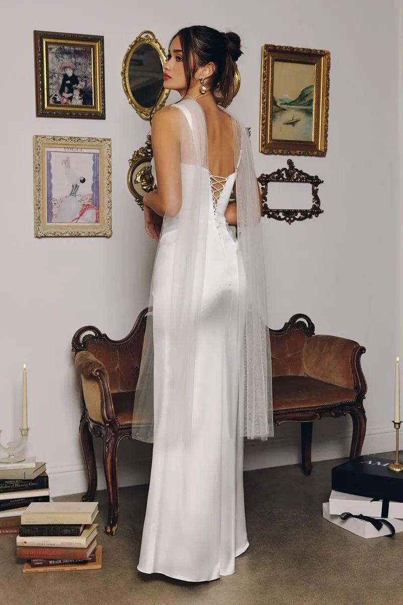 Elegant Satin Fitted Gown Bridall with Corset Lace-Up Back and Removable Sheer Scarf by Tux-USA