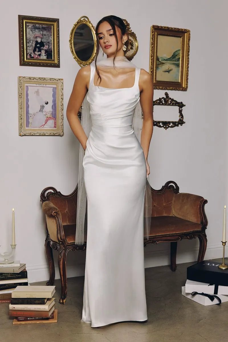 Elegant Satin Fitted Gown Bridall with Corset Lace-Up Back and Removable Sheer Scarf by Tux-USA