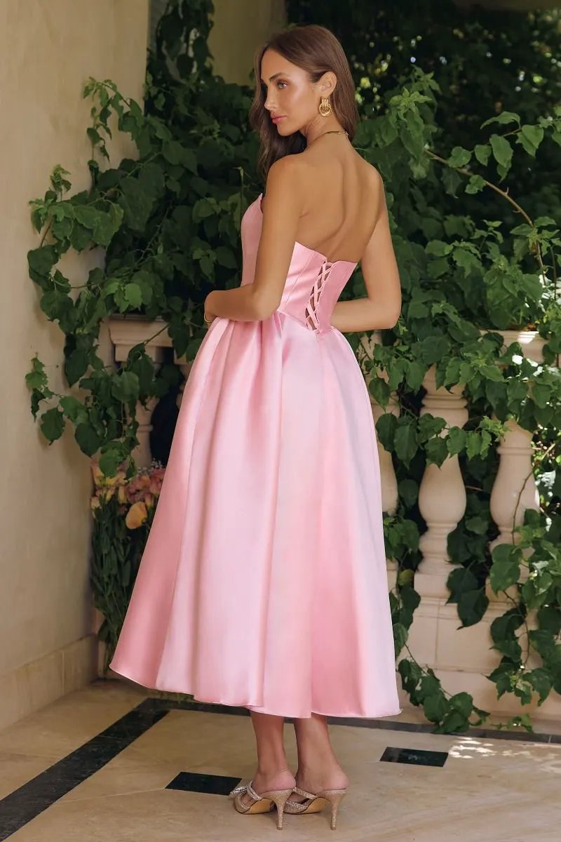 Strapless Mikado Midi Dress with Sculpted Bodice and Voluminous Skirt by Tux-USA