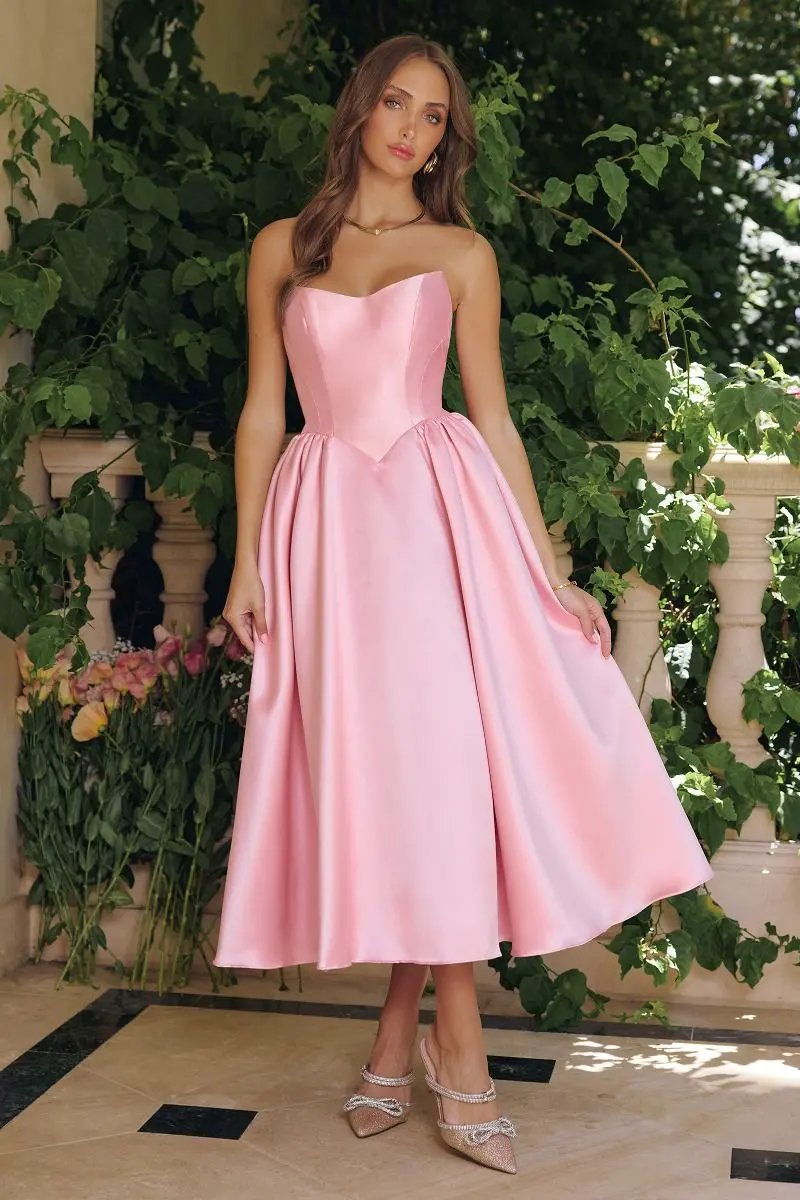 Strapless Mikado Midi Dress with Sculpted Bodice and Voluminous Skirt by Tux-USA