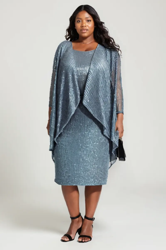 Plus Size Sequin Sheath Dress with Chiffon Overlay Jacket by Tux-USA