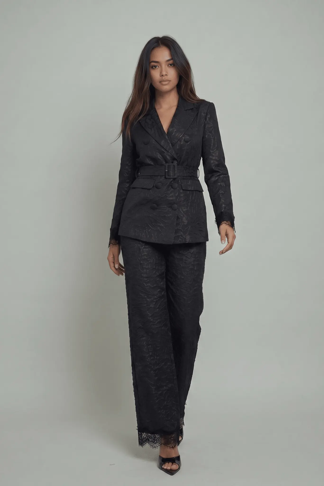 The Maison Jacquard Lace-Trim Trousers by Akalia