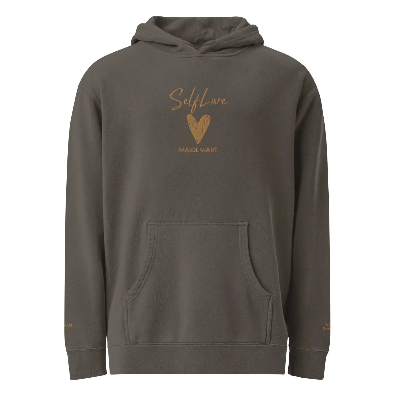 Self Love Unisex pigment-dyed hoodie with Old Gold Embroidery | fashion hoodie by Maiden-Art