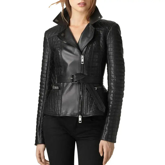 Women’s Slim Fit Black Leather Biker Jacket with Waist Belt-0