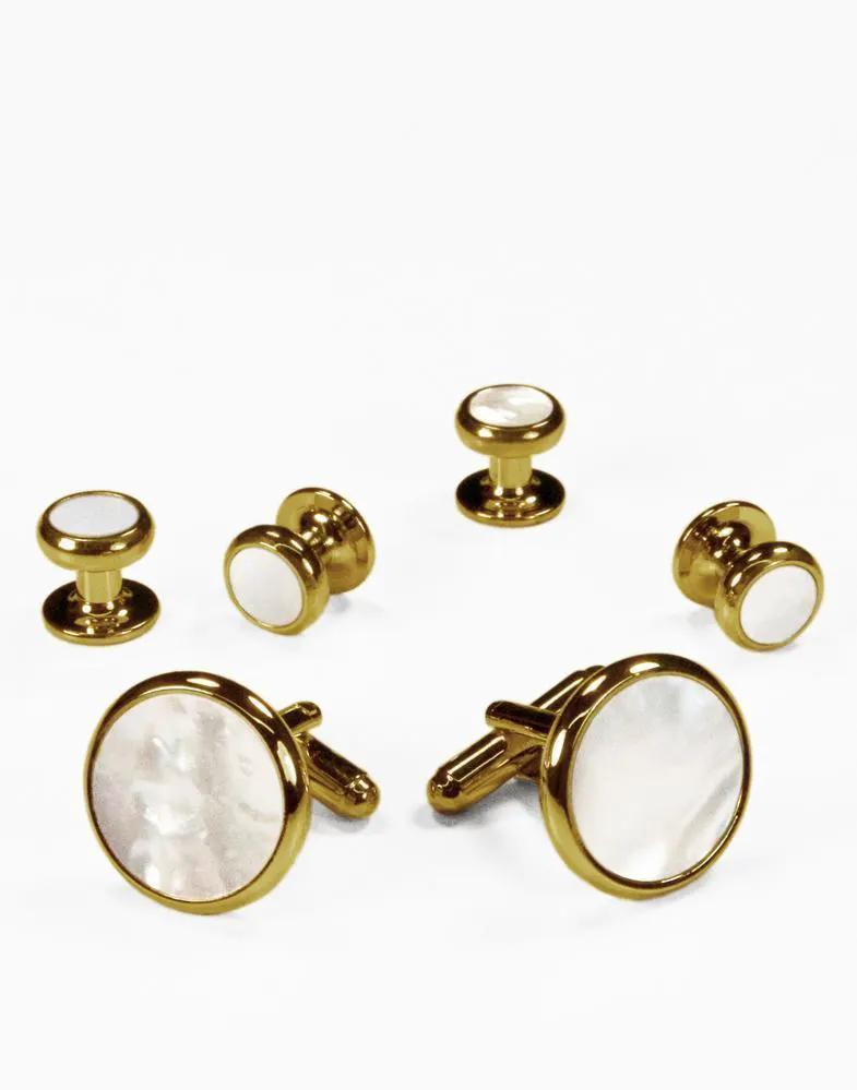 Studs And Cufflinks Set White Mother Of Pearl Gold Or Silver Setting by Tux-USA
