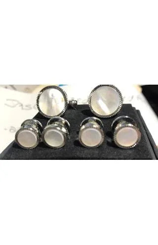 White Mother of Pearl with Silver Feather Cut Edge Studs and Cufflinks Set by Tux-USA