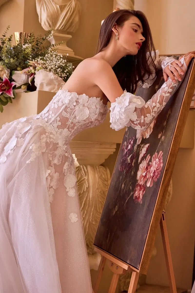 Floral Applique Adorned Strapless Wedding Gown by Tux-USA