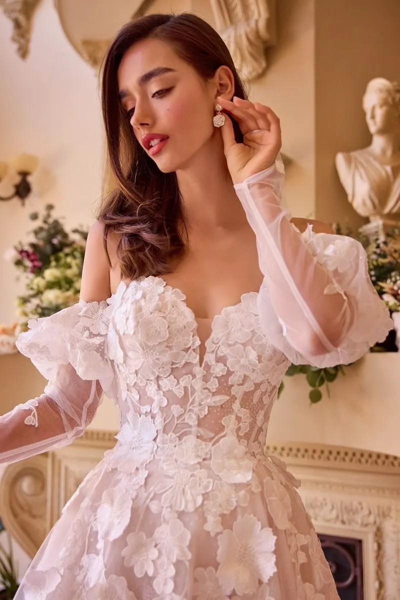 Floral Applique Adorned Strapless Wedding Gown by Tux-USA