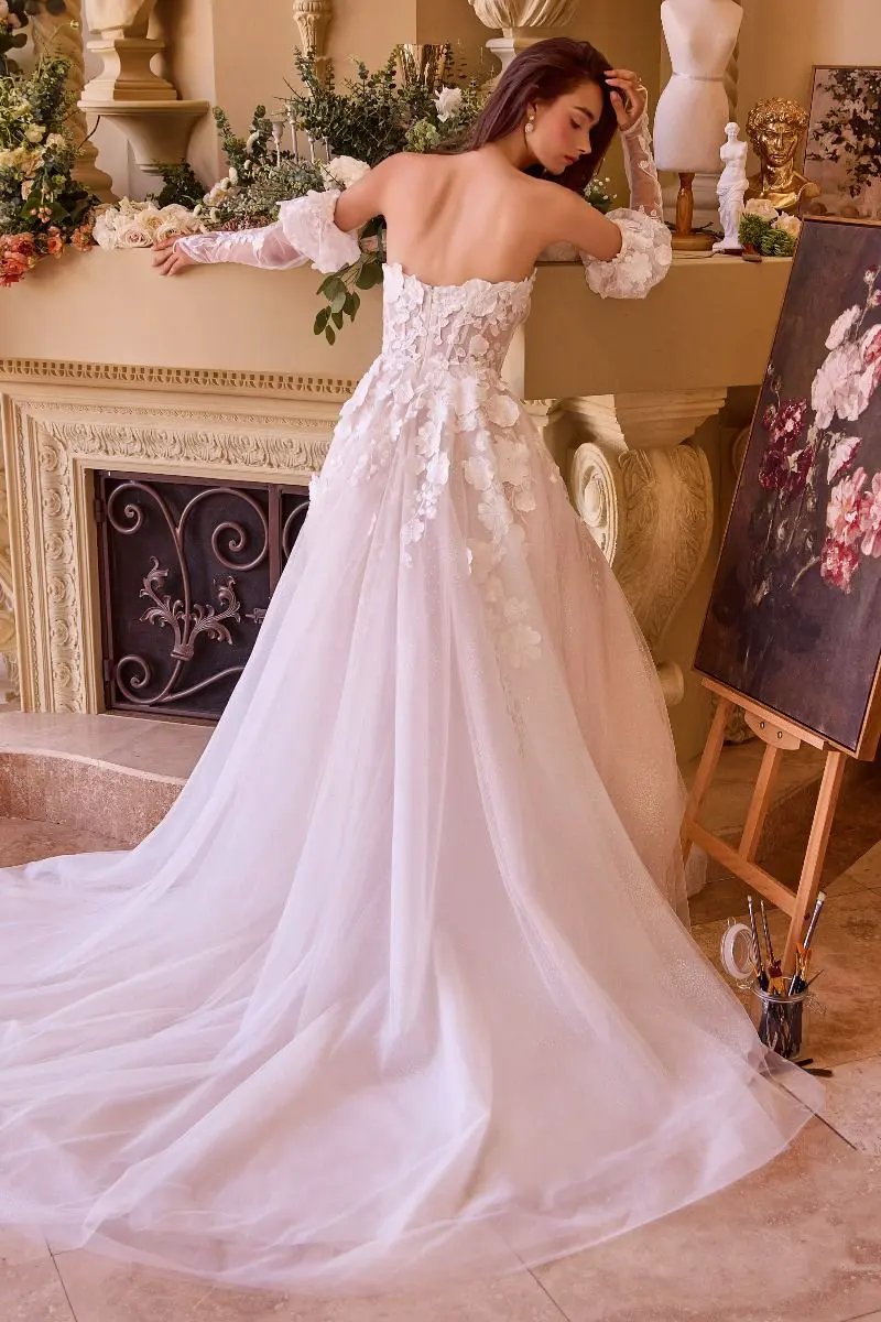 Floral Applique Adorned Strapless Wedding Gown by Tux-USA