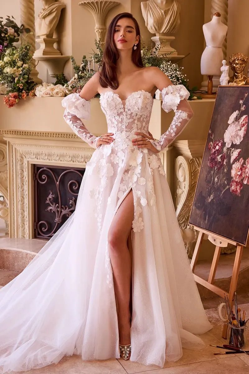 Floral Applique Adorned Strapless Wedding Gown by Tux-USA
