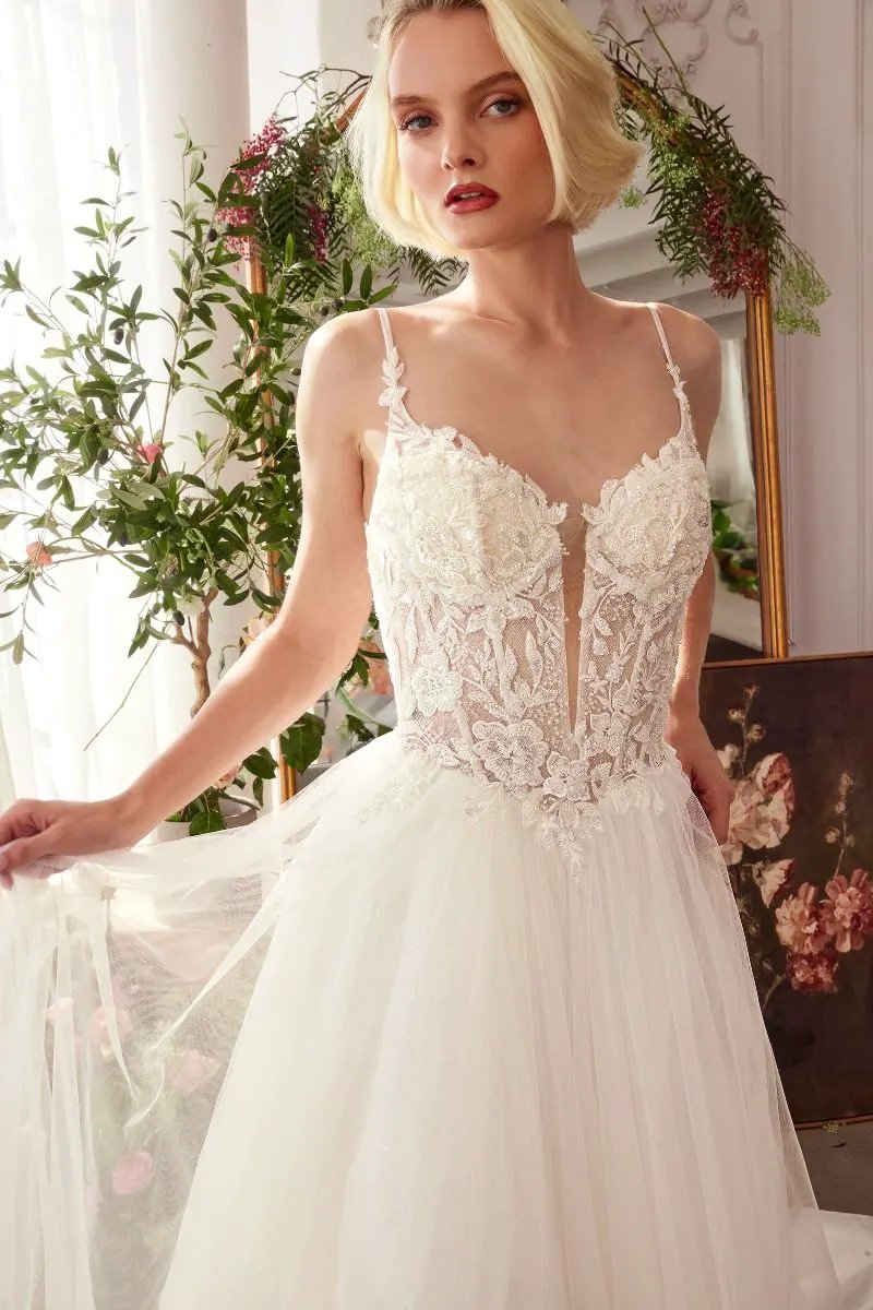 Floral Lace V-Neck Bridal Ball Gown with Tulle Skirt by Tux-USA