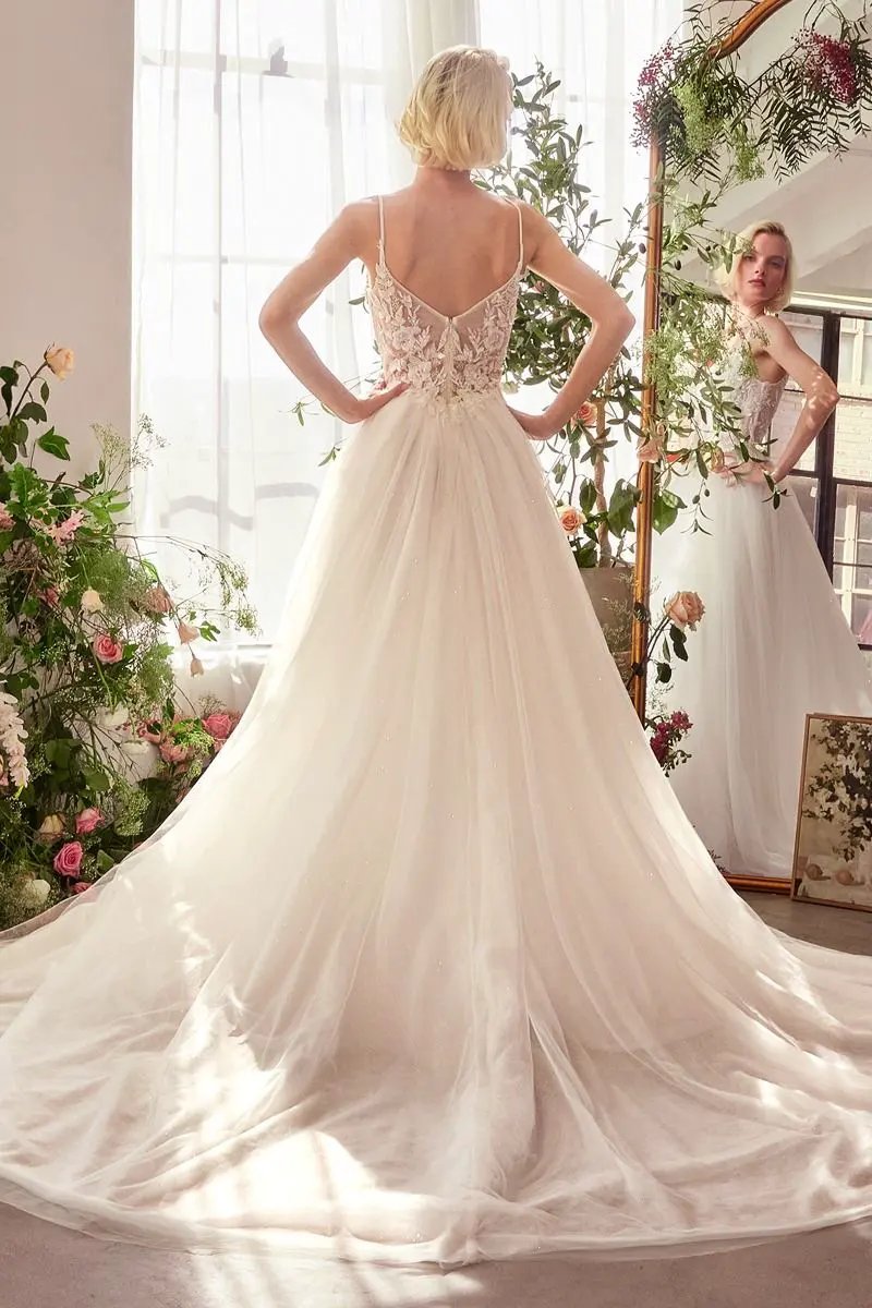 Floral Lace V-Neck Bridal Ball Gown with Tulle Skirt by Tux-USA