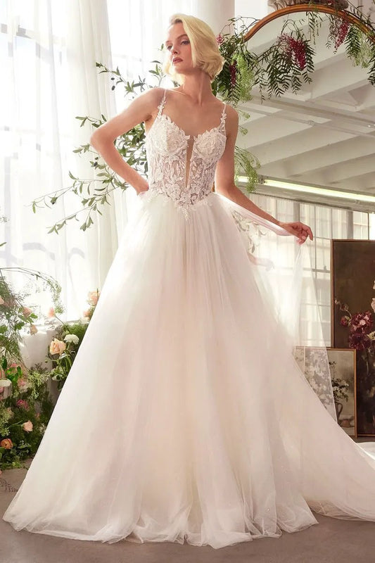 Floral Lace V-Neck Bridal Ball Gown with Tulle Skirt by Tux-USA