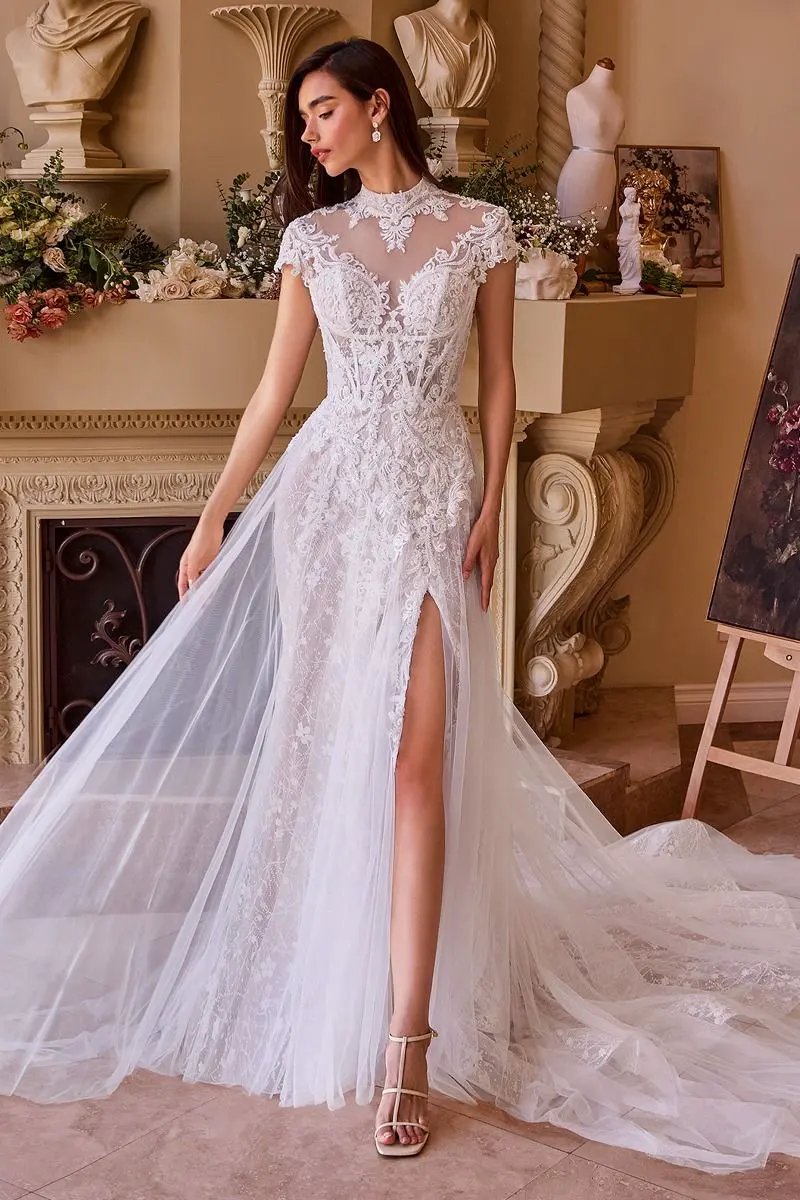 Lace & Tulle Short Sleeve Wedding Gown by Tux-USA