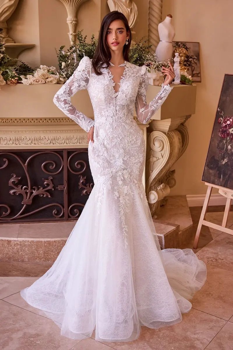 Long Sleeve Lace Mermaid Bridal Gown by Tux-USA