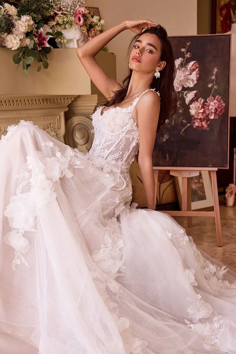 Intricate Floral Applique A-Line Tulle Wedding Dress by Tux-USA