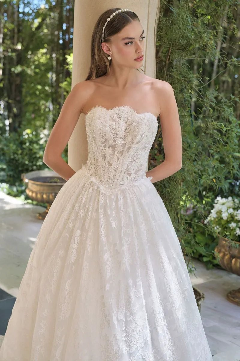 A-Line Wedding Gown With A Strapless Sweetheart Neckline And Intricately Embroidered Lace Bodice. by Tux-USA