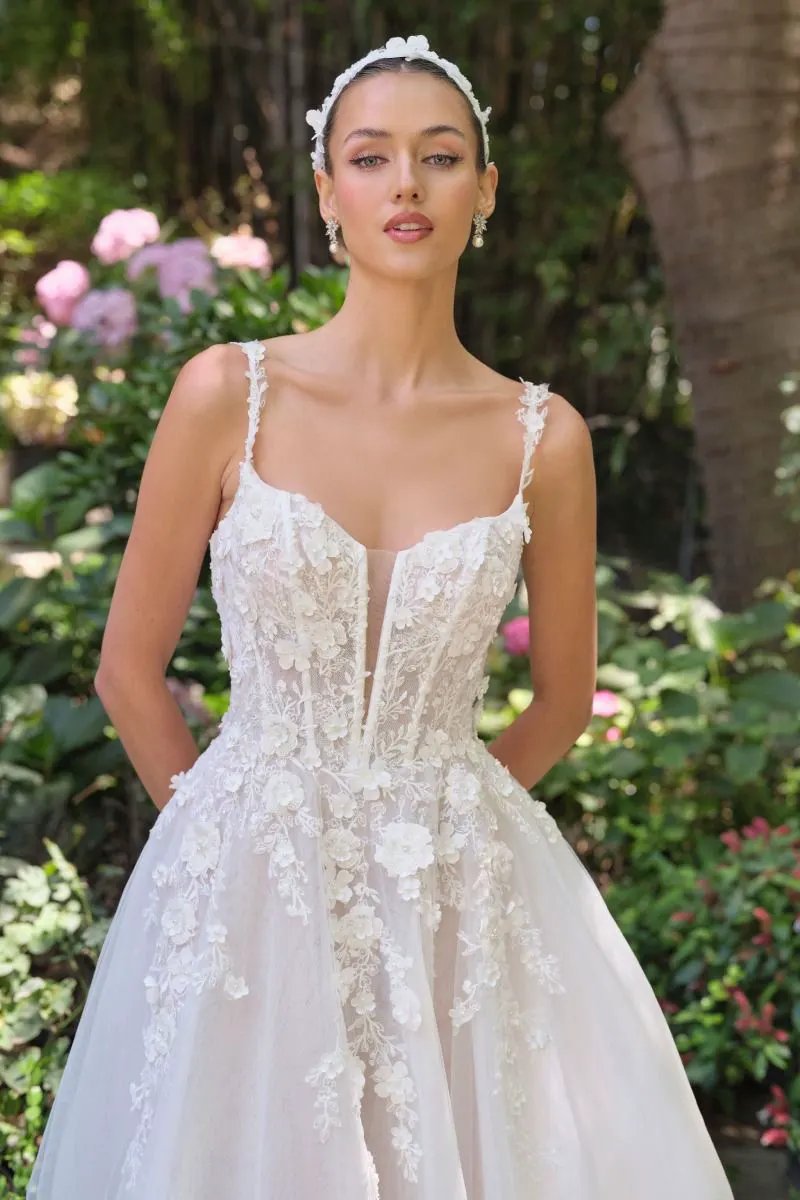A-Line Wedding Gown Plunging Illusion Neckline Floral Straps Bride Tux-USA by Tux-USA