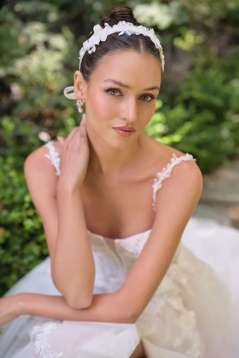A-Line Wedding Gown Plunging Illusion Neckline Floral Straps Bride Tux-USA by Tux-USA