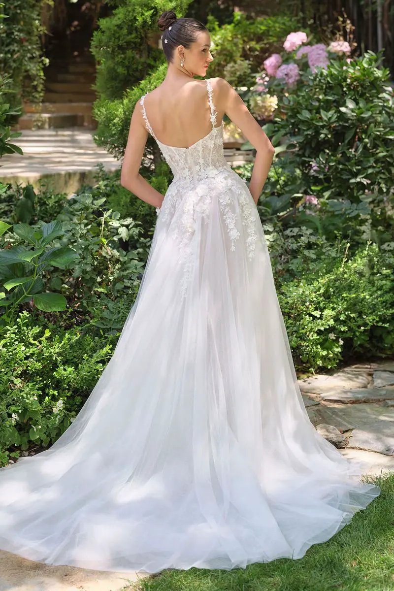 A-Line Wedding Gown Plunging Illusion Neckline Floral Straps Bride Tux-USA by Tux-USA